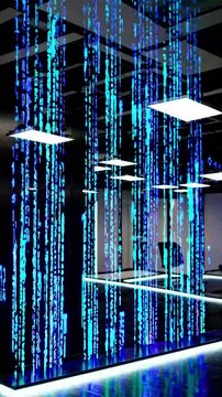 Holographic binary code streams floating in a minimalist dark office space, with electric blue and cyan color grading creating a sense of technological advancement and digital innovation.
