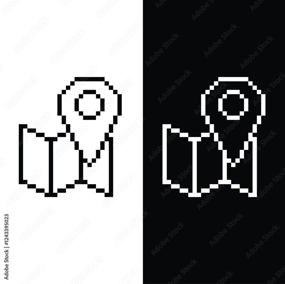 Poster pixel map pointer icon. vector pixel art gps cartography map 8 bit logo for game