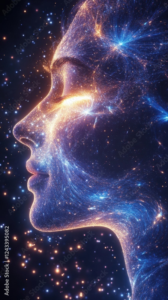 Poster mystical representation of a dissolving face amidst a cosmic backdrop filled with glowing stars and 