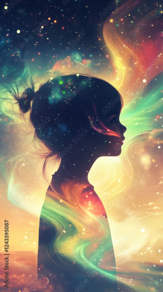 Poster mystical visualization captures a child's silhouette surrounded by cosmic elements and vibrant color