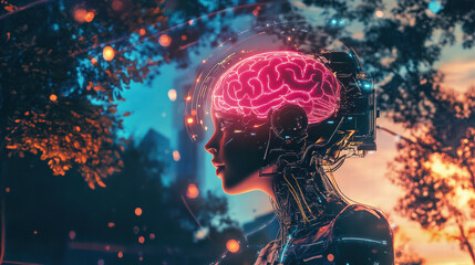 Fototapeta premium cyborg girl with glowing brain stands in futuristic park, surrounded by vibrant colors and serene atmosphere. blend of technology and nature evokes sense of wonder and curiosity