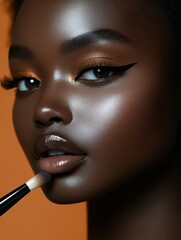 Stunning close-up portrait of a model showcasing elegant makeup with an orange background during a beauty shoot