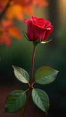 Obraz premium A single long-stemmed red rose against a backdrop of autumn leaves, red rose, stem