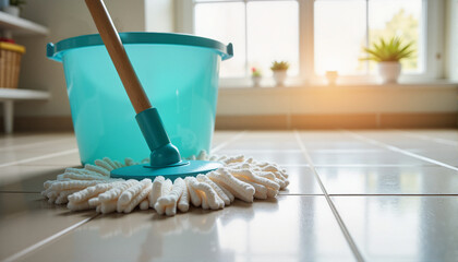 Mop and bucket cleaning tiled floor in bright room for blogs, websites, cleaning tips, home maintenance guides, educational materials, and DIY home improvement projects