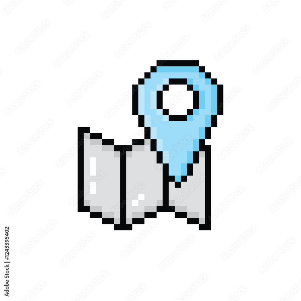 Poster pixel map pointer icon. vector pixel art gps cartography map 8 bit logo for game