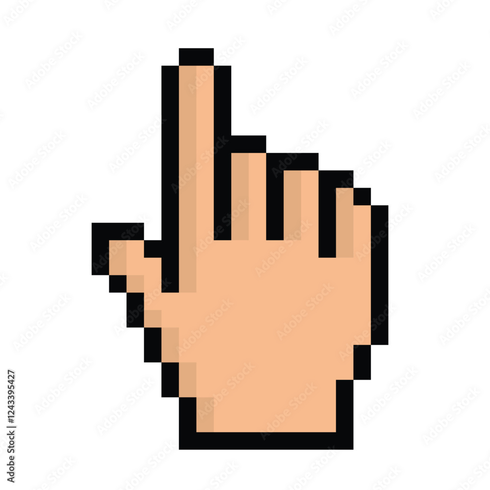 Poster pixel hand icon. vector pixel art cursor 8 bit logo for game