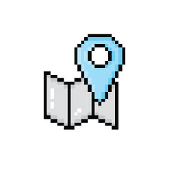 Obraz premium pixel map pointer icon. Vector pixel art gps cartography map 8 bit logo for game