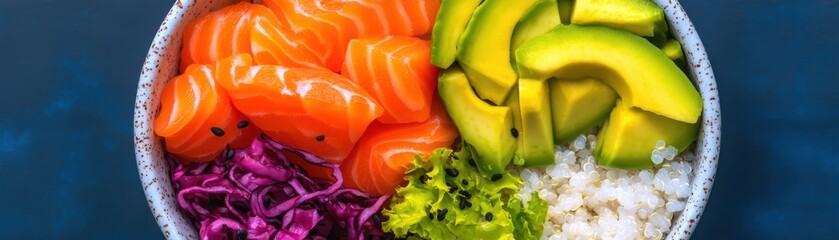 Fresh salmon and avocado bowl with vibrant vegetables served in a decorative dish on a textured blue background