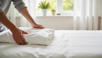 Person folding blanket on bed in bright room for blogs, websites, home decor, cleaning tips, wellness articles, and lifestyle presentations