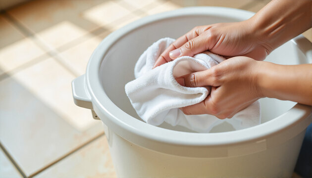 Hands washing a white cloth in a bucket for blogs, websites, cleaning tutorials, home improvement content, lifestyle articles, and educational materials about hygiene practices