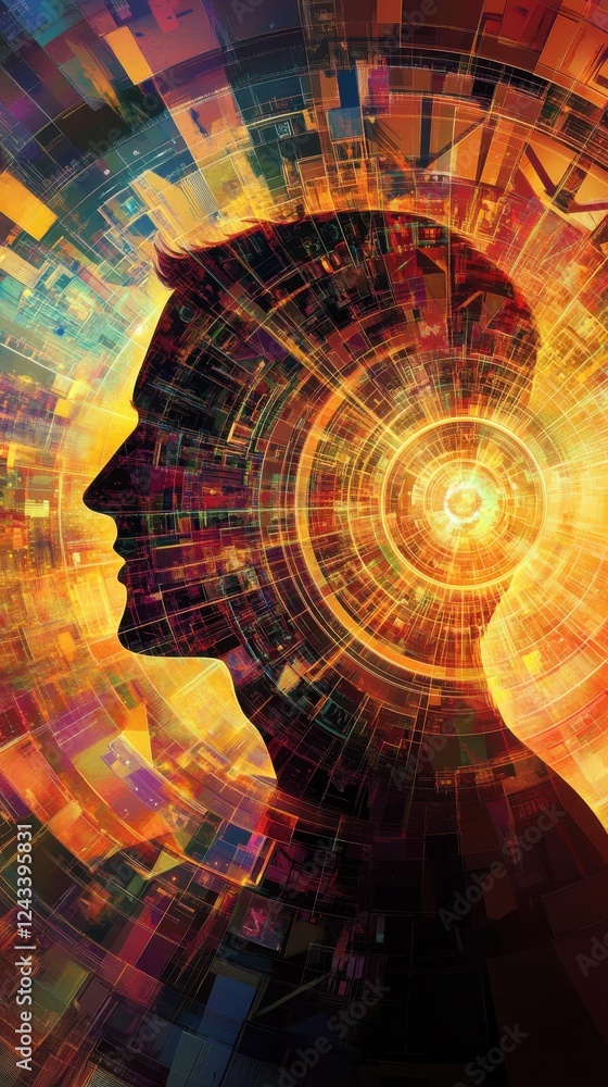 Fototapete mystical profile of a man intertwined with vibrant abstract patterns and luminous energy at an unkno
