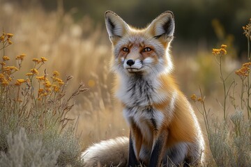 Fototapeta premium Red fox sits amidst autumn wildflowers in a natural setting during early morning hours in a calm landscape