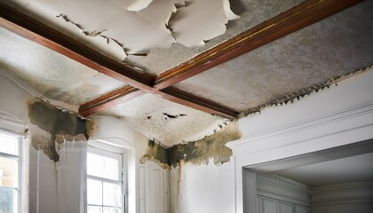 water damage repair showcasing a damaged and stained white ceiling with visible water marks and peeling paint indicating the need for restoration generative ai