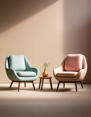 retro living room, mid-century modern chairs, pastel blue and salmon pink armchairs, wooden side table, minimalist design, soft lighting, beige wall