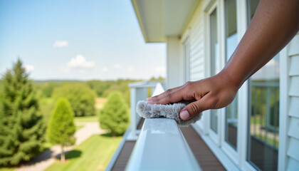 Hand cleaning a railing on a sunny balcony with scenic green background for cleaning blogs, home maintenance websites, outdoor living designs, and home improvement presentations