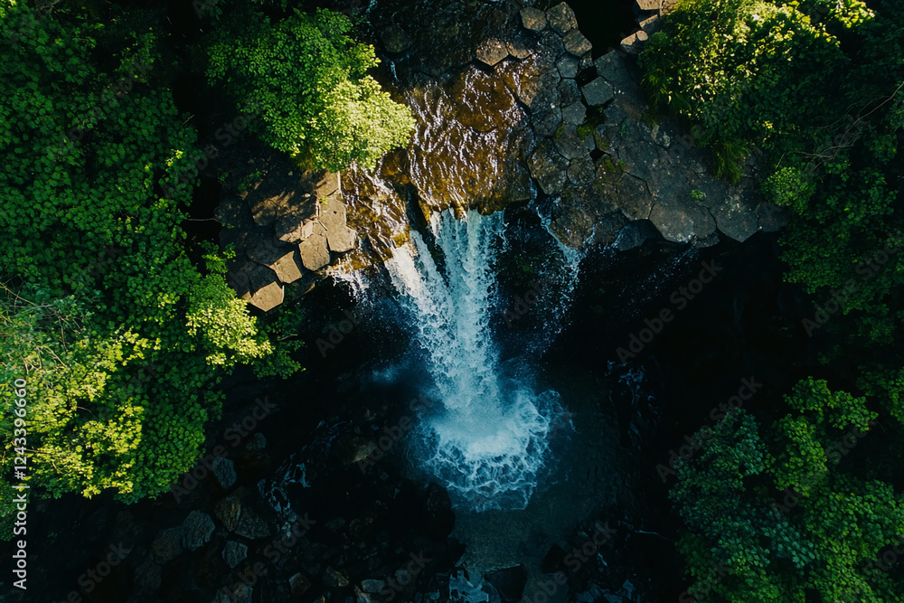 Poster aerial view of a serene waterfall cascading over hexagonal stones, surrounded by lush green trees an