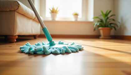 Mop cleaning hardwood floor in a bright room with plants for blogs, websites, home decor, cleaning tips, lifestyle articles, and educational materials on cleaning and maintenance