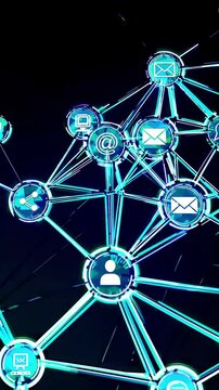 A macro shot of holographic social media icons forms communication symbols, featuring cyan and white color grading against. Digital connectivity and modern communication, dynamic visual effects.