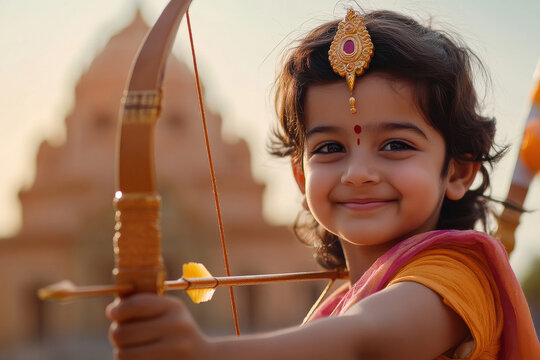 cute indian little boy in lord rama costume holding bow and arrow