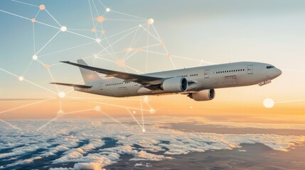 Fototapeta na wymiar A modern airplane soars above the clouds at sunset, surrounded by a network of digital connections, symbolizing travel and technology.