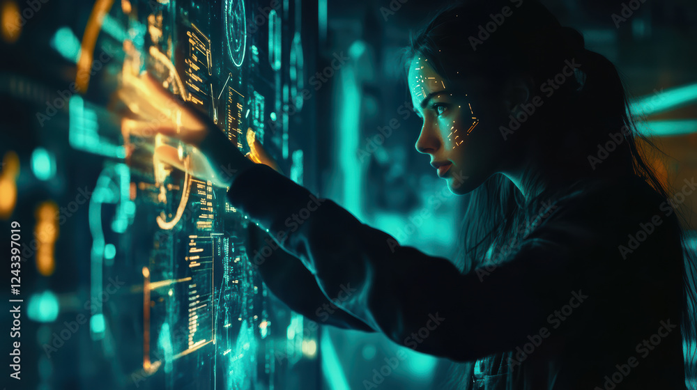 Poster cyborg girl interacting with glowing interface in futuristic setting, showcasing advanced technology