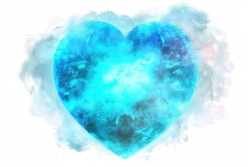 A vibrant blue heart glows amidst a misty backdrop, symbolizing love and emotion with a cosmic touch.