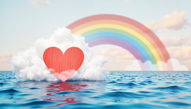 Heart-shaped symbol on a cloud above ocean waves with a rainbow background for websites, blogs, greeting cards, digital art, love themes, and inspirational messages