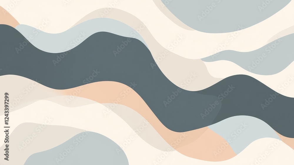 Poster minimalist abstract design with soft, elegant pastel tones and sleek flowing curves, creating a sere