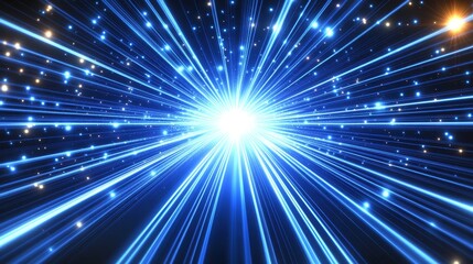 Abstract Light Speed, Radial Streaks of Light Converging on a Bright Center, Deep Blue Background.