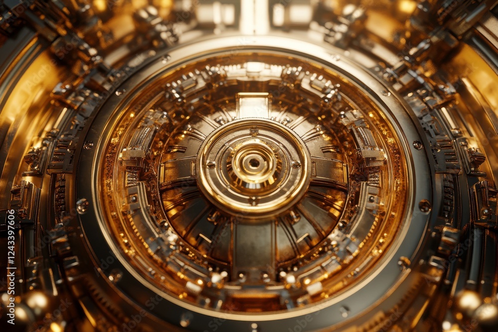 Poster a close-up of a complex, intricately designed circular mechanism with golden hues and metallic textu