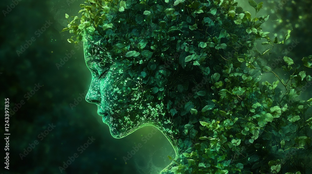 Aufkleber mystical profile of a man filled with vibrant foliage and enchanted elements in a dreamlike forest s