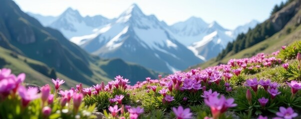 Obraz premium Purple saxifrage in full bloom against a backdrop of snow-covered mountains, Botany, Landscape