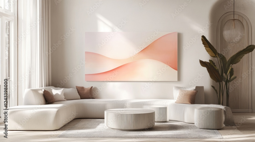 Poster modern abstract art with soft pastel colors and gently flowing lines, creating a clean, minimalist a
