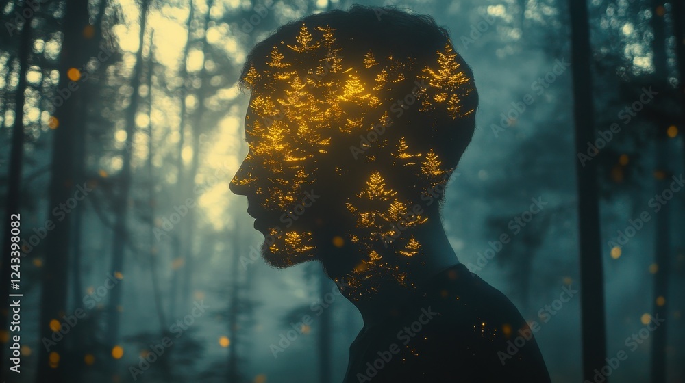 Aufkleber mystical profile of a man filled with forest imagery in an enchanted woodland setting at dusk