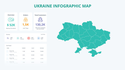 Naklejka premium Business Growth Infographic Map of Ukraine. Orders, Customers, Sales Overview & product Infographic Map of Ukraine. Easy to edit