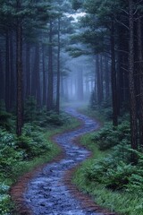 Fototapeta premium Winding Forest Path Through Misty Pine Trees