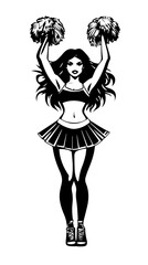 Black and white illustration of a beautiful cheerleader girl. Cheerleader with pom-poms in her hands. Cheerleading.