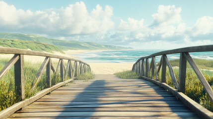 Obraz premium A wooden boardwalk leading to a secluded spring beach