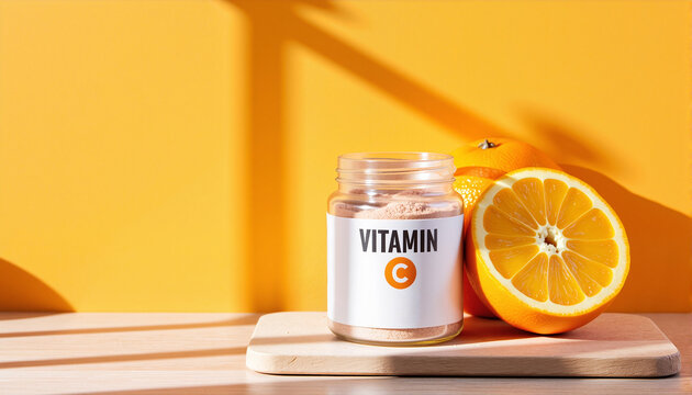 Vitamin C powder with fresh oranges on a wooden surface against a vibrant yellow background for health blogs, websites, dietary guides, and wellness presentations