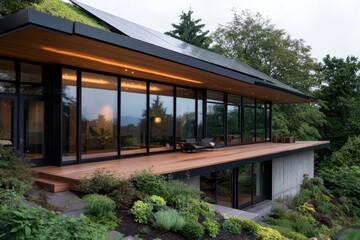 This contemporary home is beautifully designed and integrates seamlessly into its lush green landscape, providing a serene and tranquil living environment.