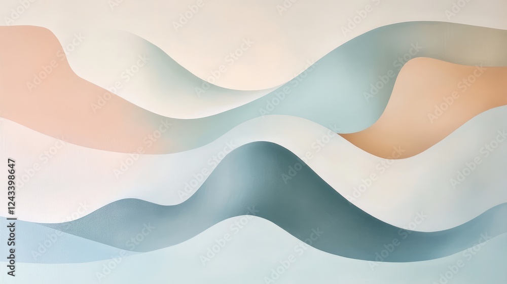 Poster a calming abstract piece with soft pastel gradients and smooth curves flowing seamlessly across a mi