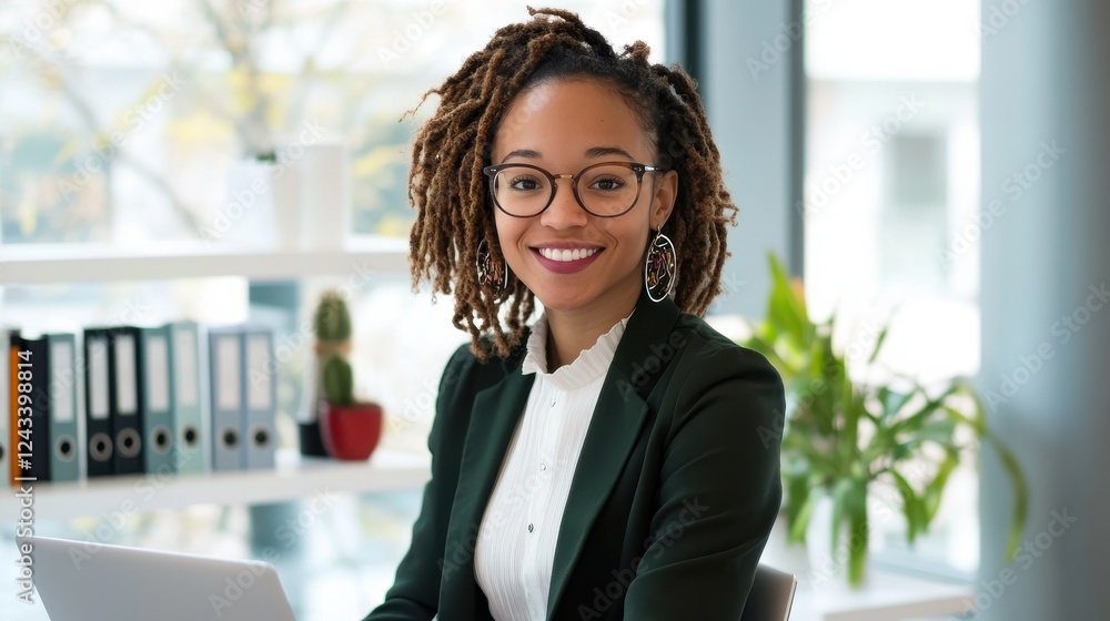Poster professional woman smiling confidently while working on a laptop in a bright and modern office setti