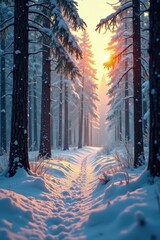 Snowy forest landscape with a glowing golden bell in the distance, bell, frost, forest