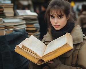 Young woman reading antique book at book market.