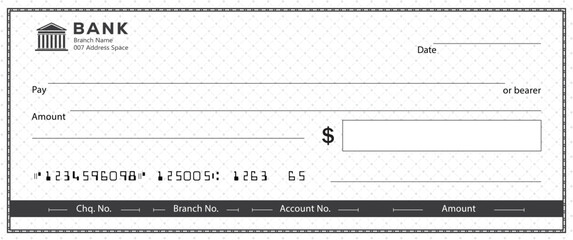 Empty money cheque. Bank check. check book template with pattern and blank fields. Currency payment coupon, US dollar check background.