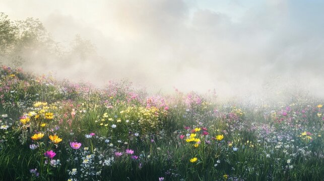 Misty spring morning filled with vibrant wildflowers and soft fog in a tranquil natural landscape