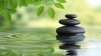 Balanced black stones in a tranquil water setting with green foliage, reflecting sunlight, symbolizing harmony, meditation, relaxation, and nature-inspired zen aesthetics for spa and wellness themes