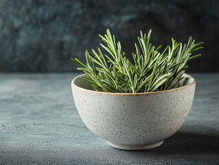 Fresh rosemary sprigs in a speckled bowl on a textured surface create a rustic kitchen atmosphere enhancing culinary experiences