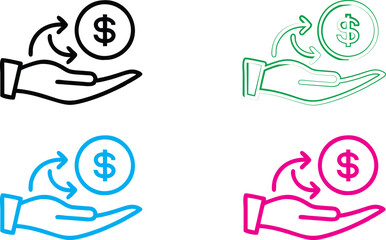 Line art, hands holding money symbols, dollar signs, currency icons, minimal design, flat illustration, multiple colors, green pink blue black, financial concept, income representation, receiving paym