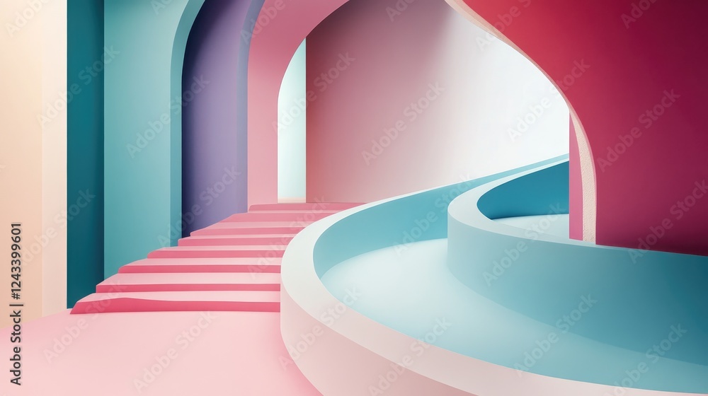 Poster a sleek abstract composition with pastel gradients and flowing curved lines in a minimalist, modern 